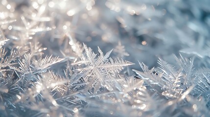 Extreme macro close-up of intricate ice crystals and snowflakes glittering on a surface, bathed in cool blue and white light. Winter texture background.
