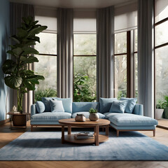 Cozy Modern Living Room with Light Blue Sofa and Luxury Glass – 4K Render