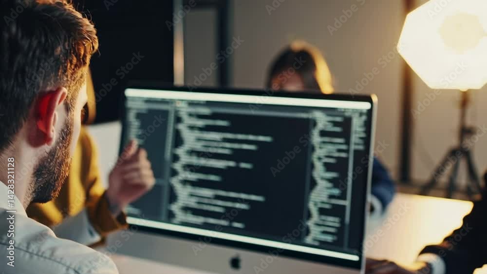 Fototapete Software developers and engineers collaborating on a project, analyzing lines of code on a computer monitor in a dark office lit by a softbox