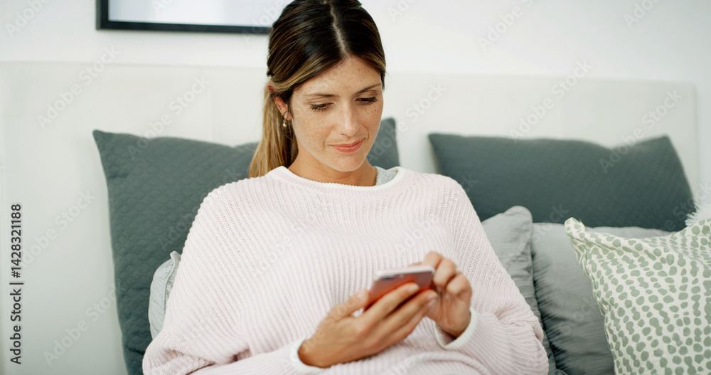 Poster woman, texting and relax with phone on sofa, chat and check notification in living room at in home. 