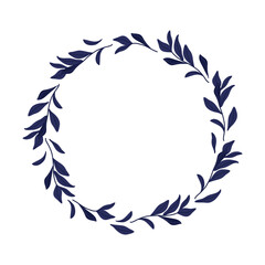 Twigs wreath. Round blue plant frame. Vector flat Illustration. Natural Wreath isolated on white background For save date, inscriptions For birthday, wedding, Holidays celebrations