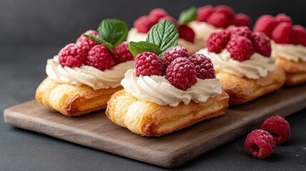 A beautiful arrangement of raspberry decorated pastries resting on a wooden board, reflecting the blend of culinary artistry and nature's freshness.