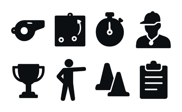 Sports coaching solid icons set – filled style training, fitness, and strategy symbols for athletic guidance: whistle, tactics board, stopwatch, coach, trophy, trainer, cones, clipboard.