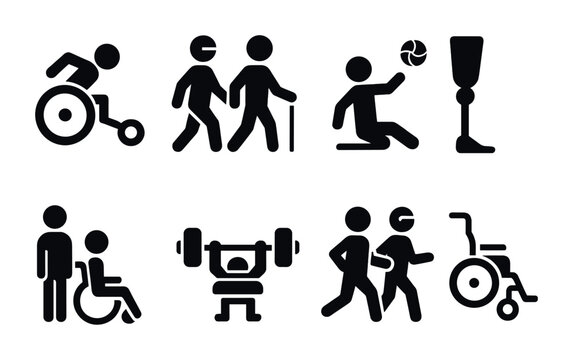 Accessibility and inclusivity icon set – solid style disability, assistance, and adaptive symbols for universal design: wheelchair, walking aid, prosthetic, fitness, sports.