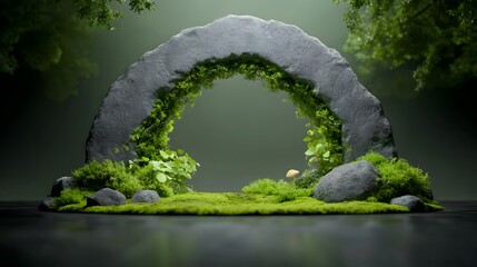Fototapeta premium A serene forest alcove with a towering stone arch enveloped in verdant vegetation