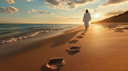 On a tranquil beach at dusk, Jesus strides alongside the water, leaving behind a trail of footprints in the sand