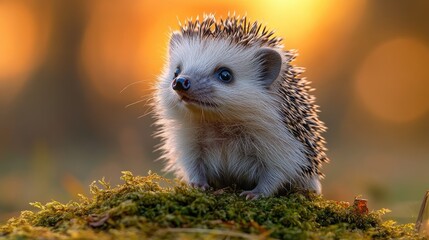 Fototapeta premium A curious hedgehog gazes into the distance, capturing the beauty of nature during a warm golden hour sunset.