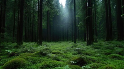Fototapeta premium Lush green forest floor bathed in soft light. Dense trees create a mystical atmosphere