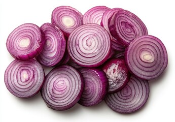 Fototapeta premium Freshly Sliced Red Onions with Vibrant Rings on White Background for Culinary and Food Photography