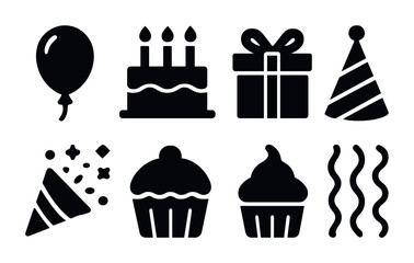 Celebration and party silhouette icon set – filled style festive, event, and birthday symbols for joyful occasions: balloon, cake, gift, hat, confetti, cupcake, streamers.