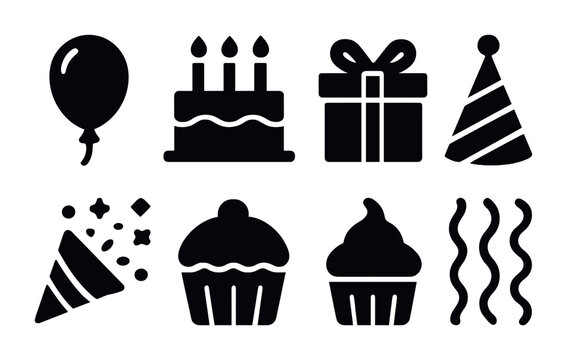 Celebration and party silhouette icon set – filled style festive, event, and birthday symbols for joyful occasions: balloon, cake, gift, hat, confetti, cupcake, streamers.