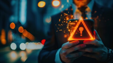 A man is looking at his cell phone with a red triangle on it.