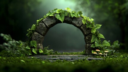A tranquil woodland alcove with an ancient stone arch enveloped in verdant vines and moss