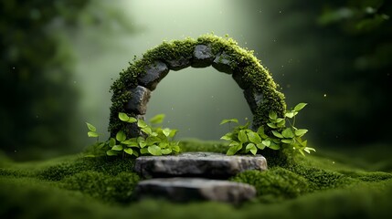 Fototapeta premium A verdant forest archway blanketed in moss and vines