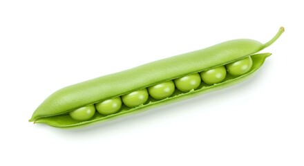 Fresh green peas in open pod isolated on white background for healthy vegetarian food concepts. Organic green pea pods full of round peas on clean white background for vegan and plant-based themes