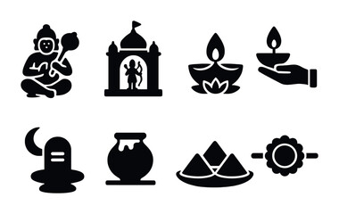 Indian culture icons set &ndash; silhouette style for festivals, traditions, and celebrations: lord hanuman, taj mahal, diya lamp, shiva lingam, pot, mountains, rangoli