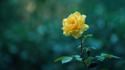 A single beautiful yellow rose flower on nature green background.