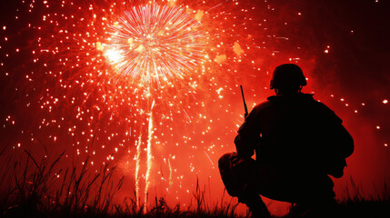 Soldier Watching Fireworks on 4th of July,Generative Ai