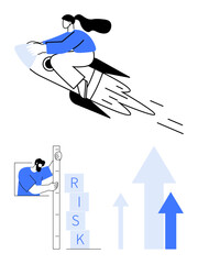 Female character flying on a rocket, representing progress, while another measures risk using blocks. Ideal for innovation, growth, decision-making, analytics, motivation, strategy simple landing