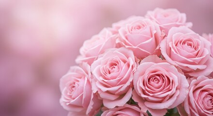 Fototapeta premium Exquisite pastel pink roses blooming gracefully, soft velvety petals illuminated by diffused light