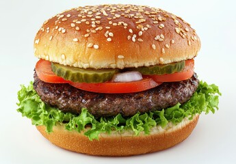 Juicy hamburger with sesame seed bun, fresh lettuce, ripe tomatoes, crunchy pickles, and savory beef patty against a clean white background