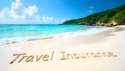 Coastal Assurance Odyssey, Pristine White Sands, Crystal Blue Waters, and Lush Green Hills Embracing 'Travel Insurance' as a Beacon of Secure Journeys and Scenic Escapes