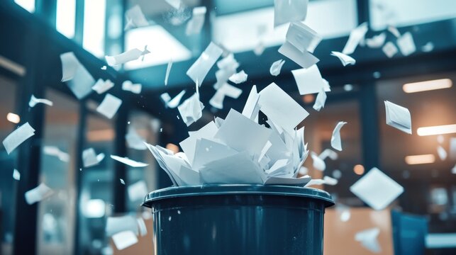 Papers flying into a trash can
