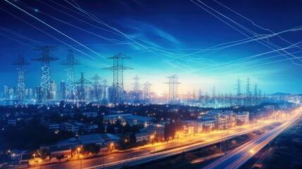 High power energy electricity poles connected to smart grid in big city area. Generate AI image