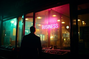 Obraz premium Person stands outside illuminated business at night with pink neon sign in urban setting