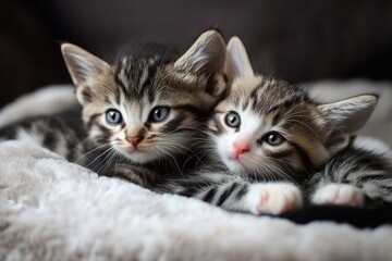 Cute kittens cuddling together on a soft blanket in a cozy home setting