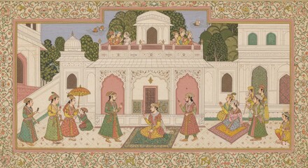 Sophisticated Mughal Background Miniature Painting Inspired Scenes Palace Architecture Detailed Art