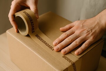 Hands applying biodegradable tape to a cardboard box.