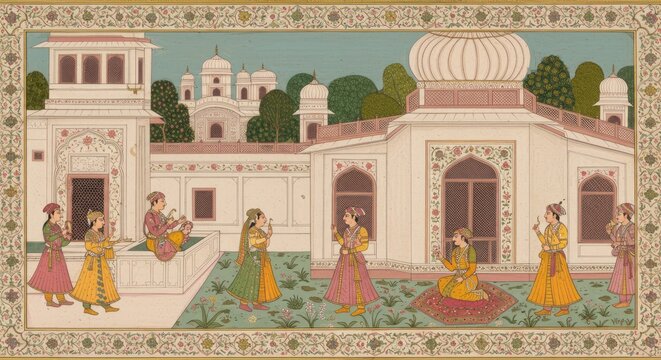 Intricate Sophisticated Mughal Background Miniature Painting Scenes Palace Architecture Design Art