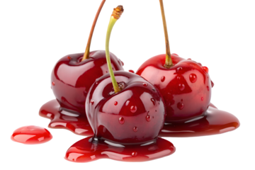 Glazed cherries dripping in syrup on transparent background display vibrant colors