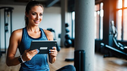Fototapeta premium Caucasian female fitness enthusiast holding tablet and credit card indoors. Engaged in wellness and technology.