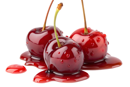 Glazed cherries dripping in syrup on transparent background display vibrant colors