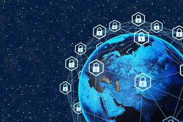Interconnected wire mesh with padlock icons at its nodes surrounding the planet Earth in outer space. Illustration of the concept of cybersecurity, secured data transmission protocols and VPN