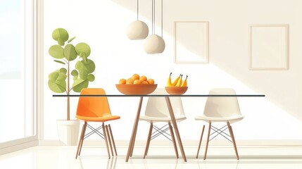 Obraz premium Modern dining area with glass table and chairs, fruit bowl, and houseplant. Sunlight streams in through a large window