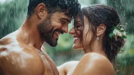 A couple happily embracing under a tropical waterfall, showcasing pure joy and love amidst cascading water, surrounded by lush greenery to enhance the romantic atmosphere.