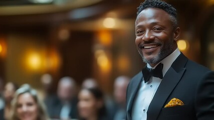 Smiling man in tuxedo at event