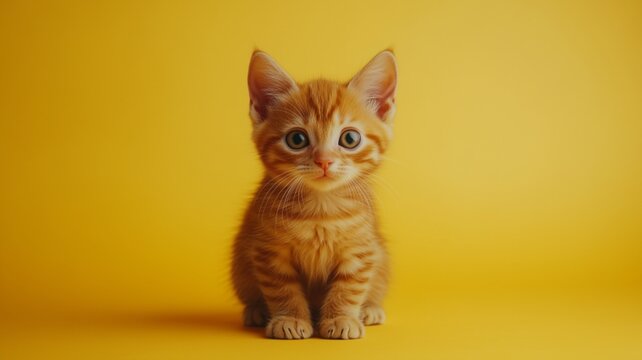 A shy, worried, and depressed orange tabby kitten sits alone on a bright yellow background, symbolizing mental health struggles.