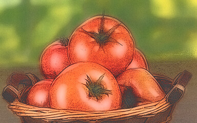 a few tomatoes, one whole and one sliced in half, are depicted with green stems.