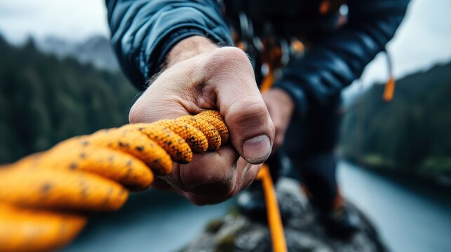 A close-up of a climber's hand gripping a vibrant orange rope, symbolizing determination and adventure amidst a stunning natural backdrop of mountains and water.