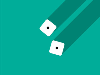 A pair of dice with numbers 1 and 1. Craps dice pair on a green table with a long shadow, top view. Casino dice game. Design for applications, banners, booklets, covers. Vector illustration