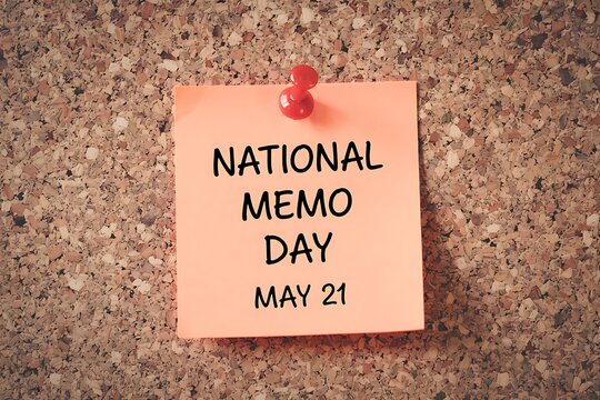 Celebrate National Memo Day on May 21: A peach colored sticky note pinned to a corkboard announces this important day Warm earthy tones and soft lighting create a cozy reminder