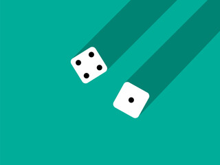 A pair of dice with numbers 1 and 4. Craps dice pair on a green table with a long shadow, top view. Casino dice game. Design for applications, banners, booklets, covers. Vector illustration