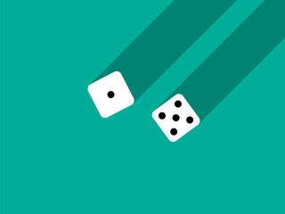 A pair of dice with numbers 1 and 5. Craps dice pair on a green table with a long shadow, top view. Casino dice game. Design for applications, banners, booklets, covers. Vector illustration