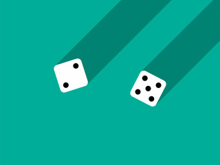 A pair of dice with numbers 2 and 5. Craps dice pair on a green table with a long shadow, top view. Casino dice game. Design for applications, banners, booklets, covers. Vector illustration