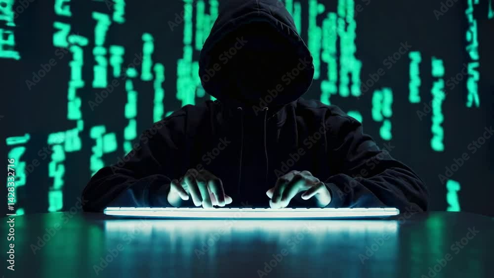 Poster Anonymous hacker wearing a hooded sweatshirt is typing on an illuminated keyboard in front of a dynamic, scrolling green binary code backdrop
