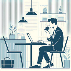  vector illustration of a man with a laptop in a cafe environment, sitting at a table in coffee shop